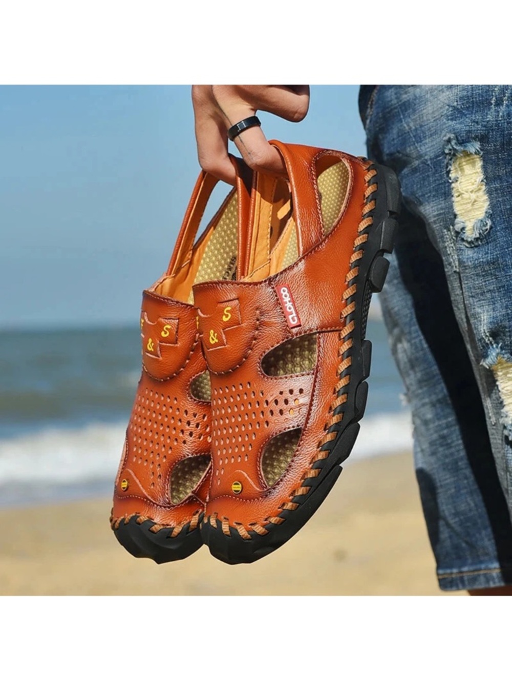 Men's Flats Sandals Handmade Genuine Leather Shoes Non Slip Outdoor Beach Shoes